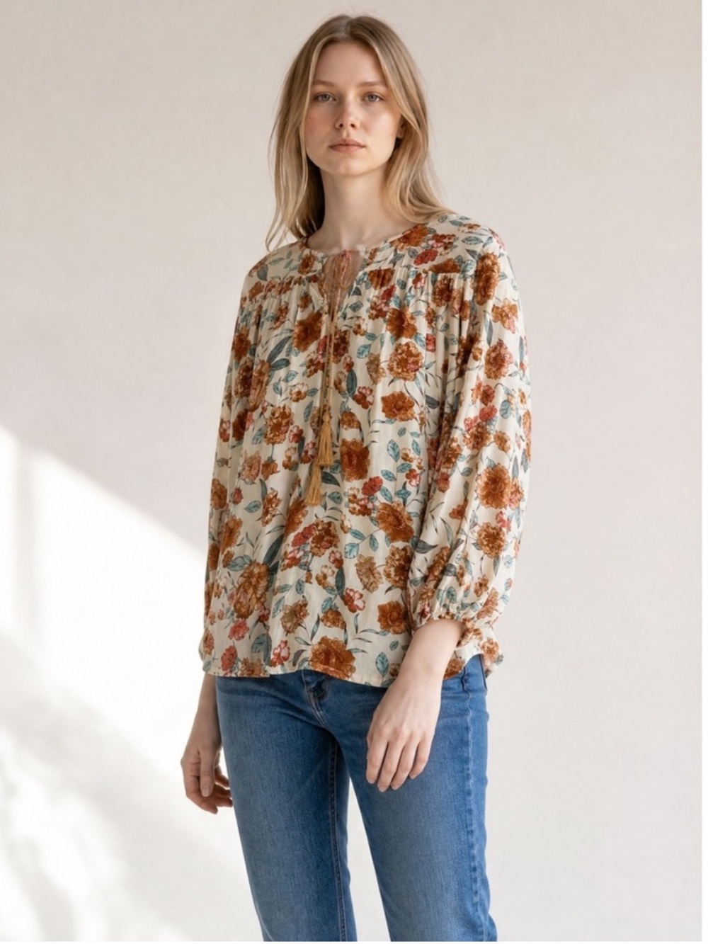 Hayden Los Angeles Peasant Blouse Orange White Floral Tassel-Tie 3/4 Sleeve Top